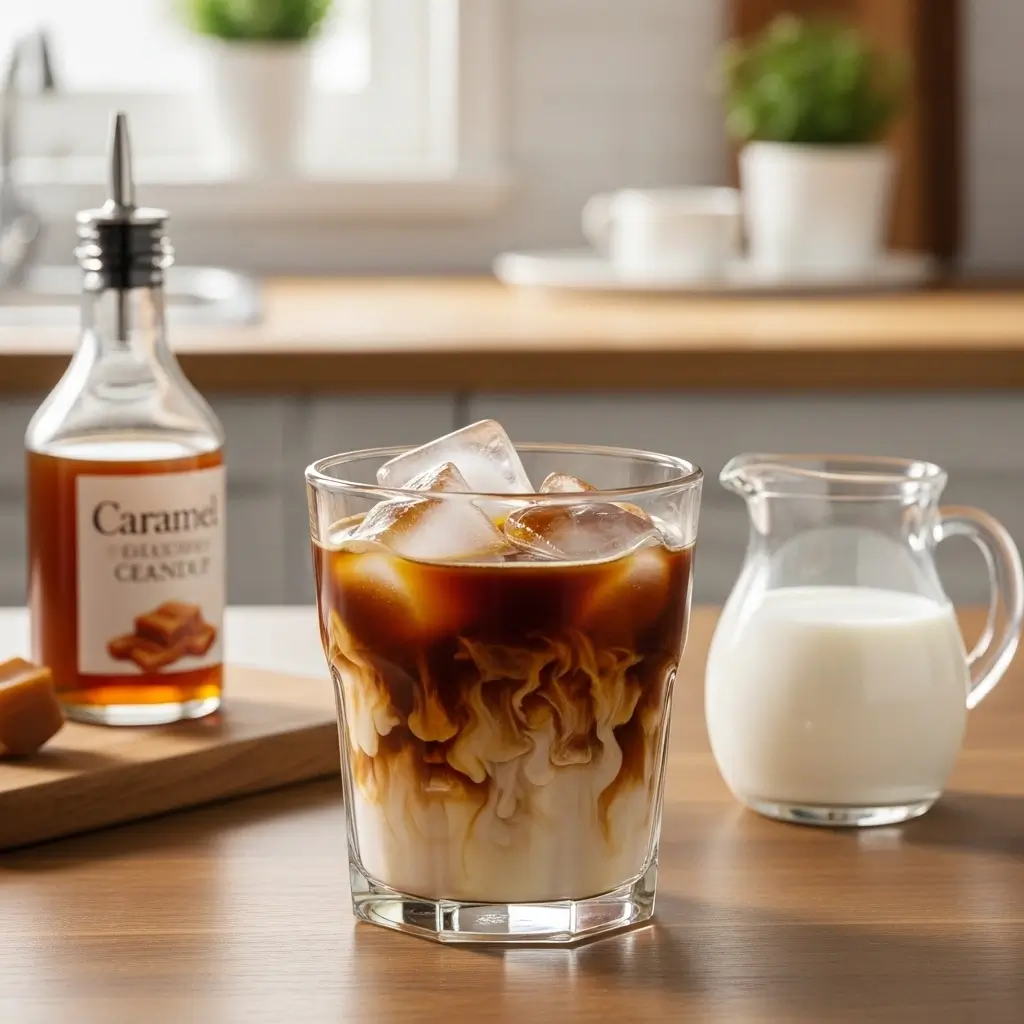 Homemade Starbucks-style iced coffee in a glass with milk pitcher and caramel syrup on a kitchen counter.