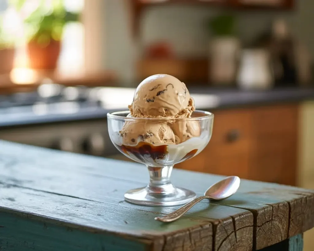 Scoop of coffee ice cream with espresso swirls in a glass cup on a wooden surface.