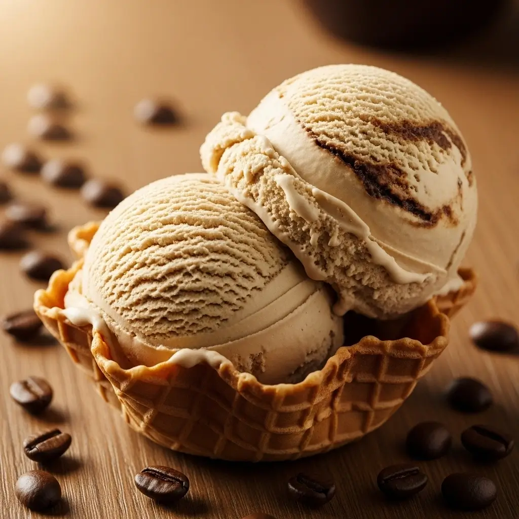 Two scoops of coffee ice cream in a waffle bowl with espresso swirls and coffee beans.