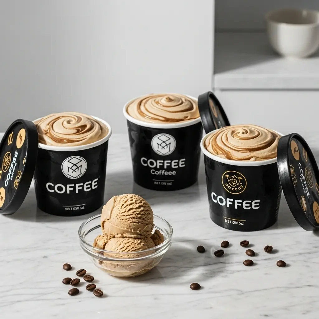 Three coffee ice cream pints with visible scoops and swirls on a marble surface.