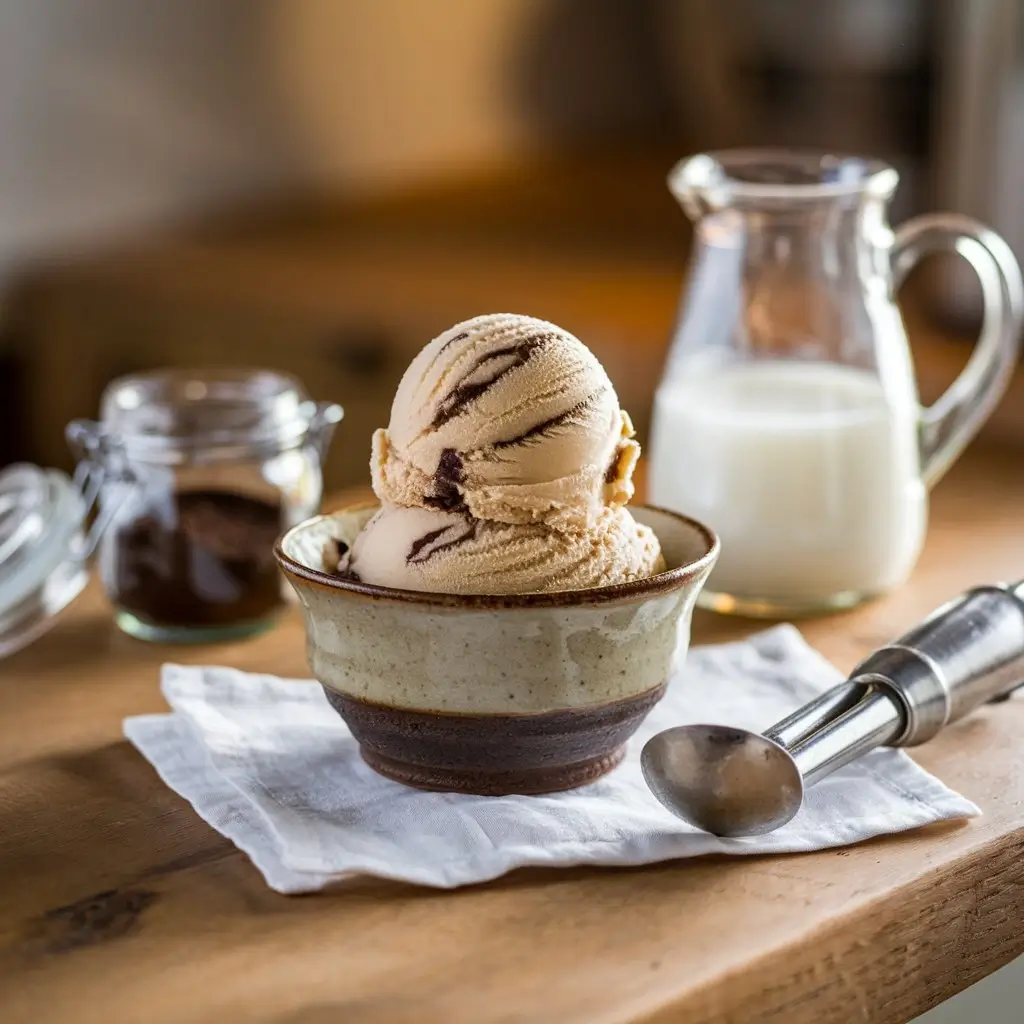 Homemade coffee ice cream in a bowl with espresso swirls, ground coffee, and a milk jug nearby.