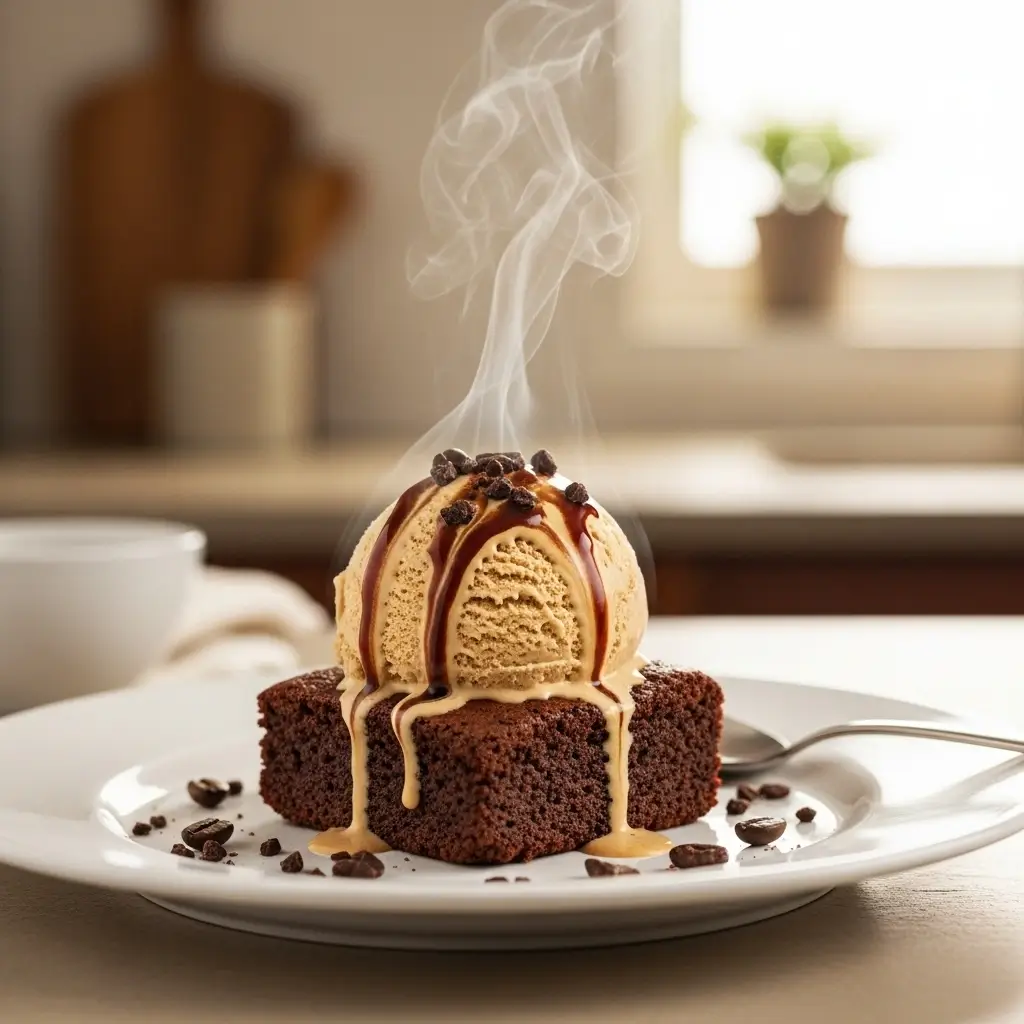 Melting coffee ice cream over a warm brownie with coffee drizzle and espresso bean topping.