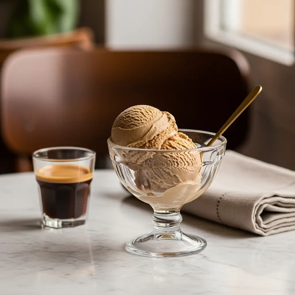 Coffee ice cream in a vintage dessert cup with espresso and a gold spoon on a marble table.