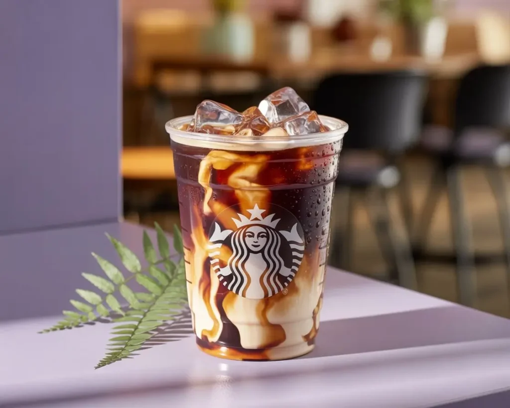 Starbucks vanilla iced coffee in a clear plastic cup with creamy swirls and ice cubes.