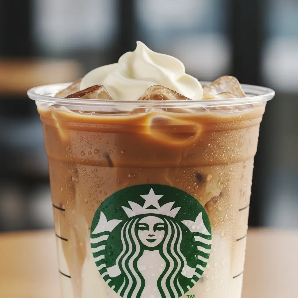 Close-up of Starbucks vanilla iced coffee with creamy vanilla swirls and ice cubes.