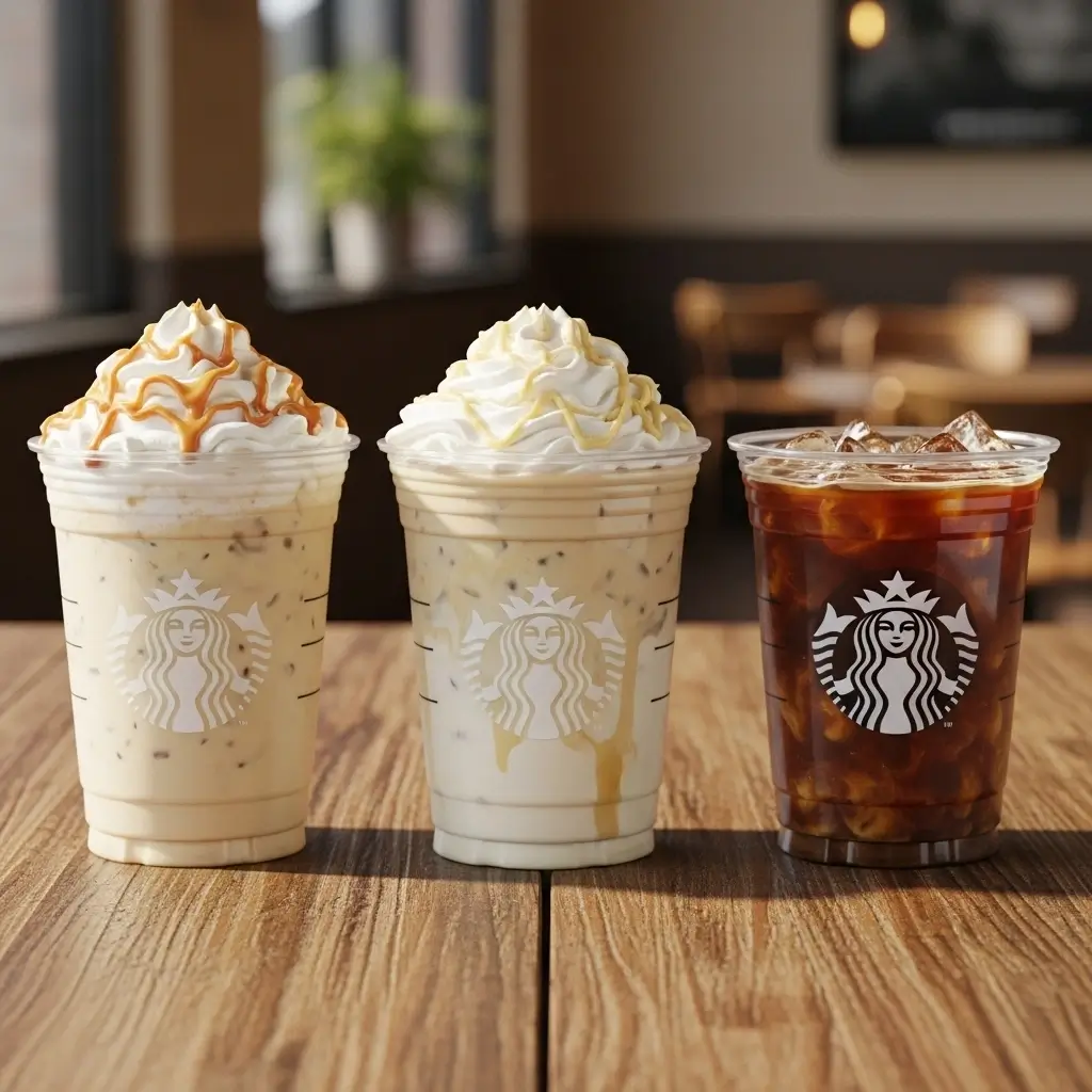 Three customized Starbucks vanilla iced coffees with whipped cream, caramel drizzle, and different milk options.