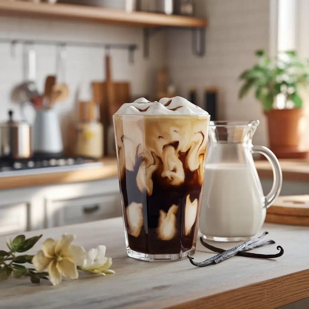Homemade Starbucks-style vanilla iced coffee in a glass with vanilla swirls, milk pitcher, and vanilla bean pod.