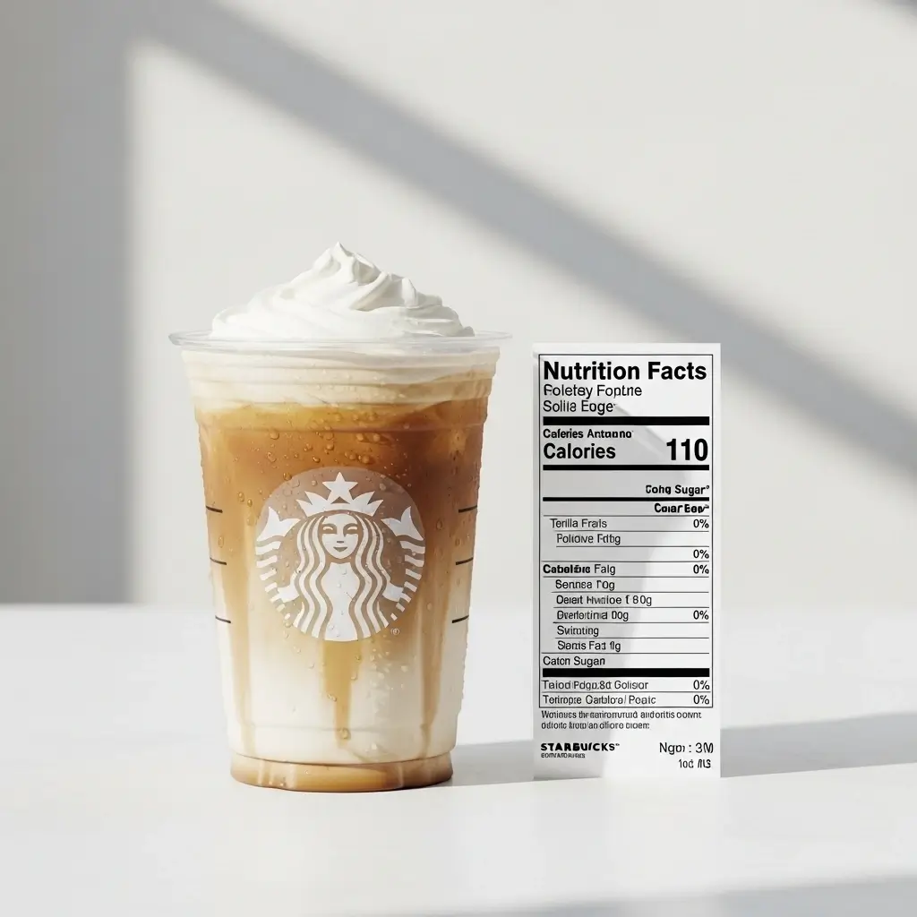 Starbucks vanilla iced coffee in a clear cup next to a nutrition facts card.