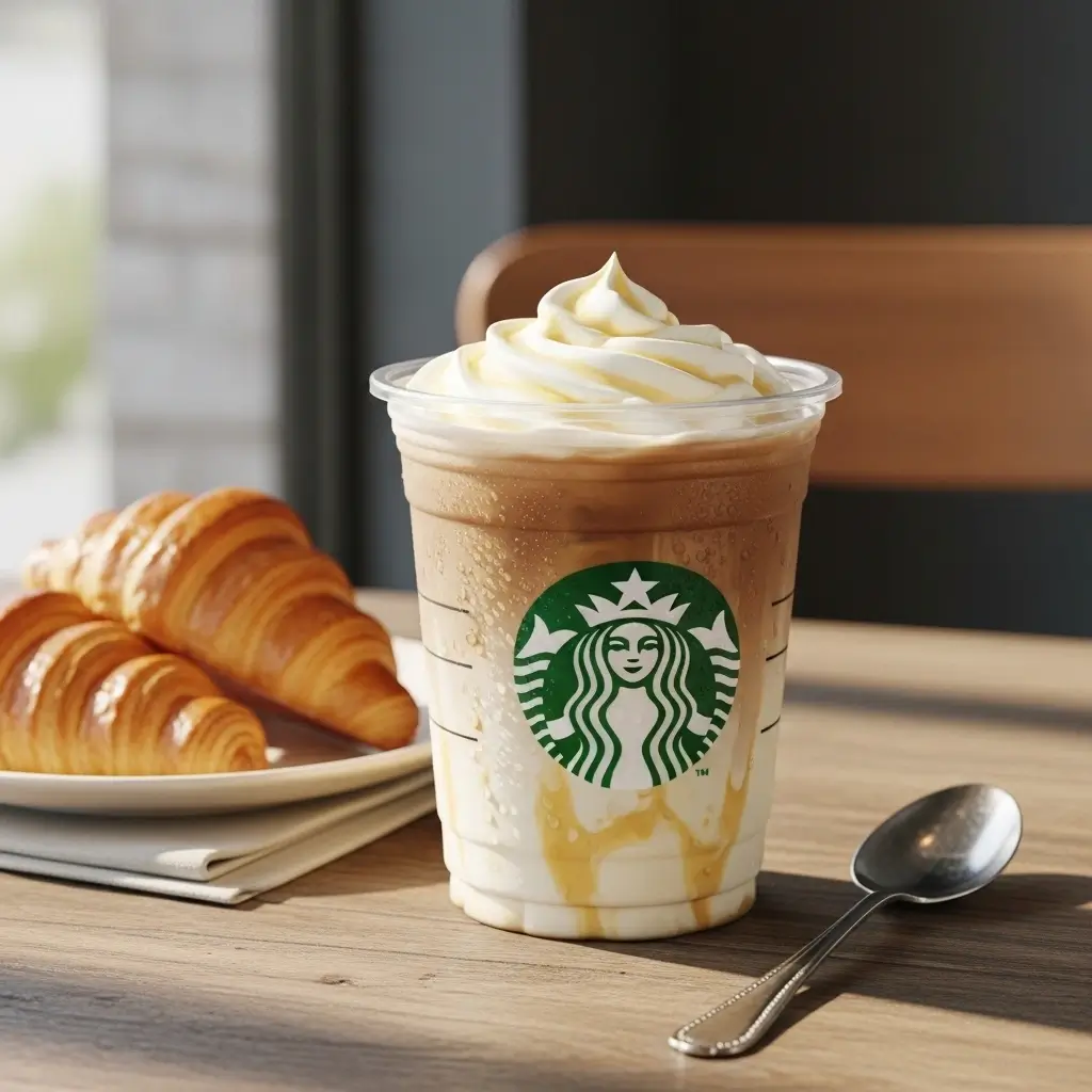 Starbucks vanilla iced coffee with creamy swirls next to buttery croissants on a wooden table.