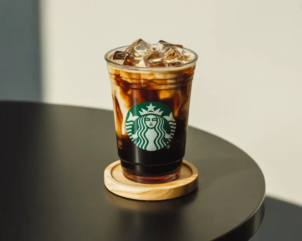 Starbucks iced shaken espresso with visible layers, foam, and ice cubes in a clear cup.