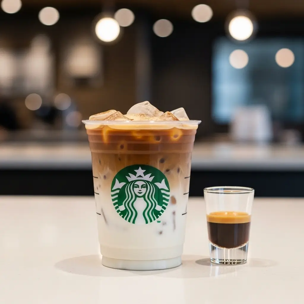 Starbucks iced shaken espresso with layered coffee and milk, foam on top, and a shot glass beside it.