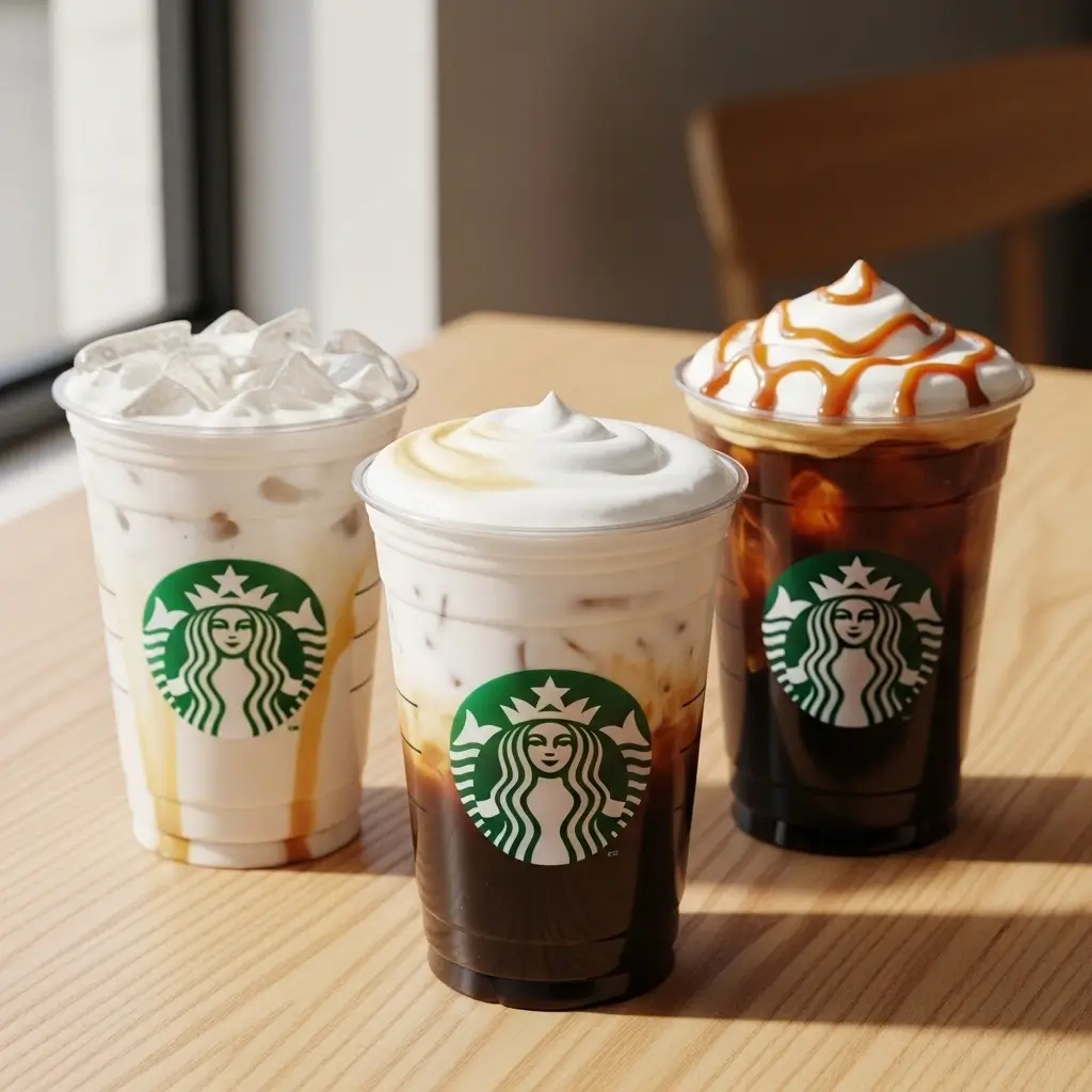 Three customized Starbucks iced shaken espresso drinks with different milk and flavor options.