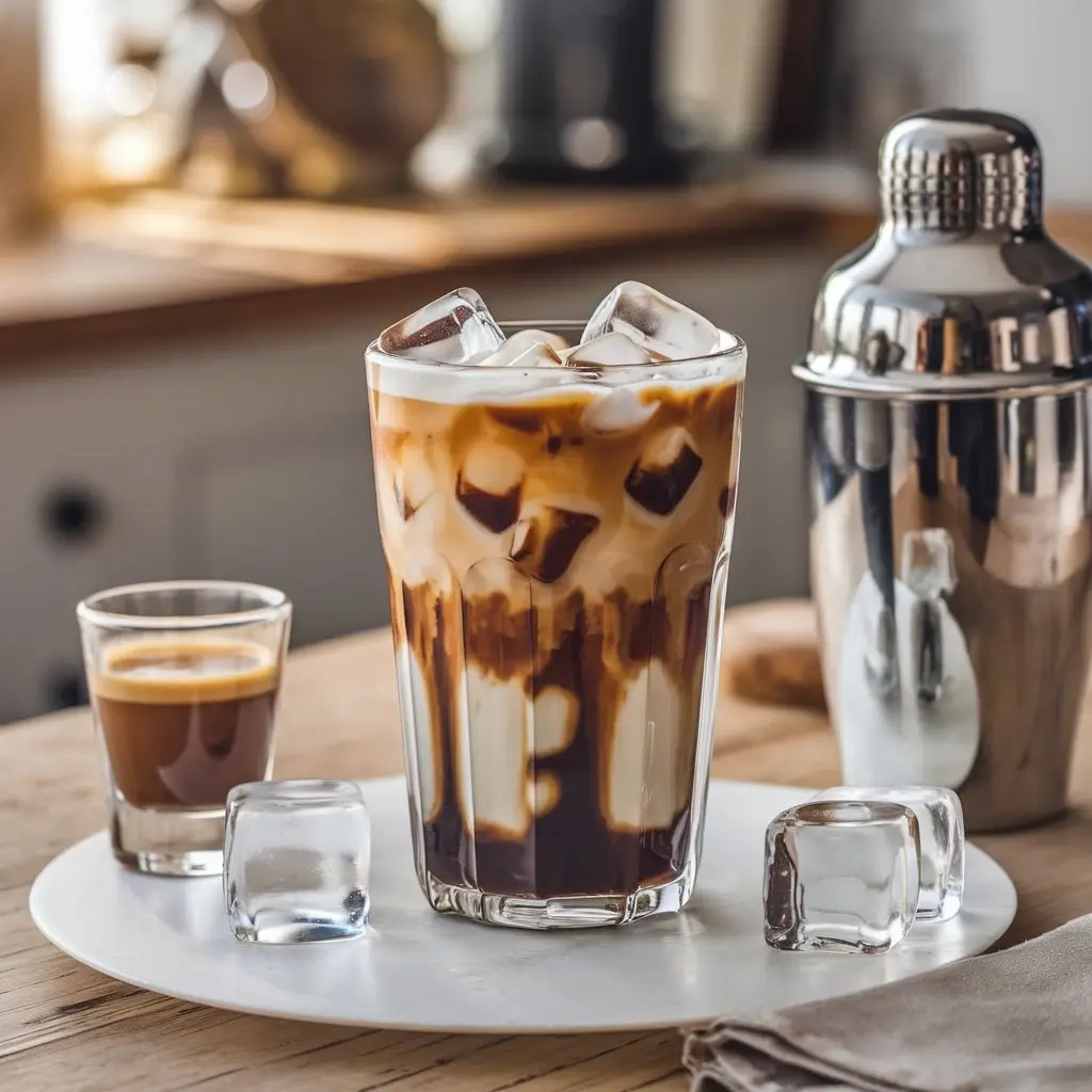 Homemade iced shaken espresso in a glass with shaker and espresso shot on a kitchen counter.
