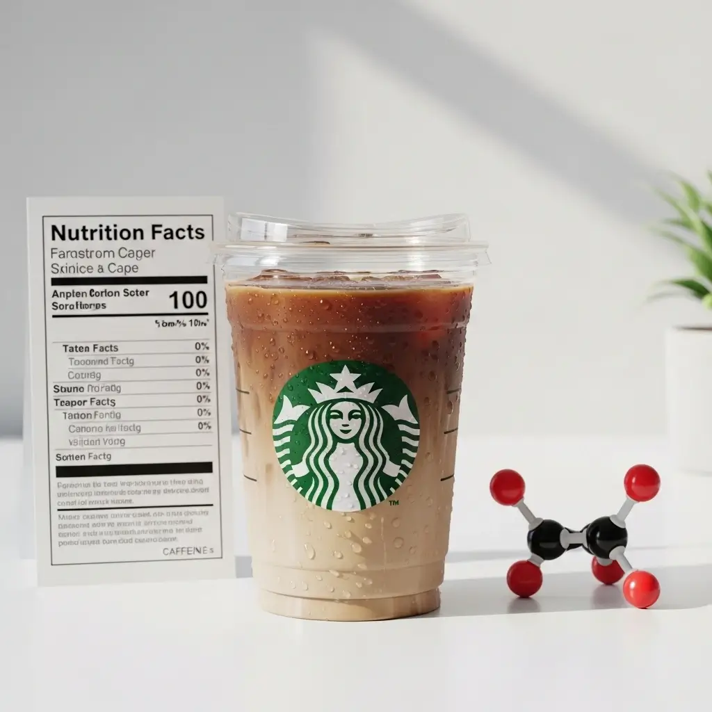 Starbucks iced coffee with nutrition facts card and caffeine molecule model on white surface.