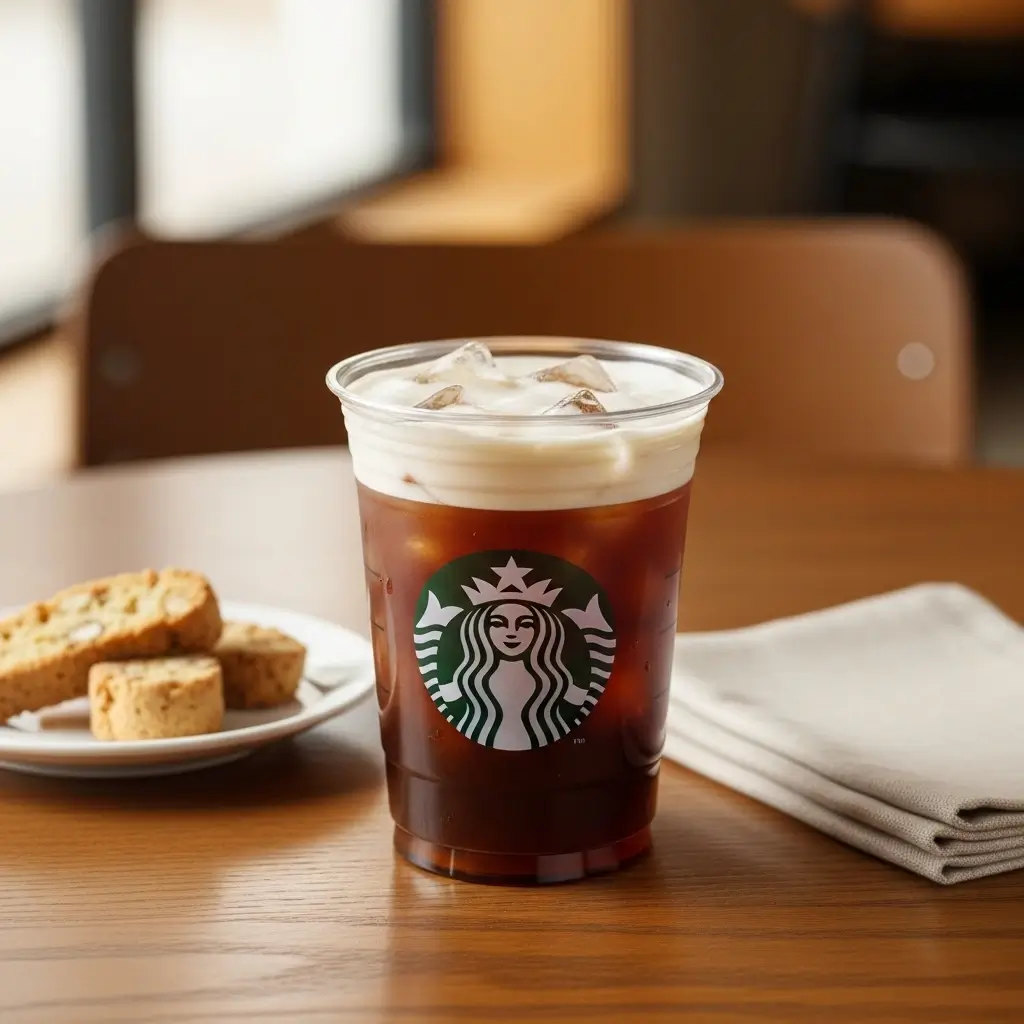 Starbucks iced shaken espresso with foam beside biscotti on a wooden table.
