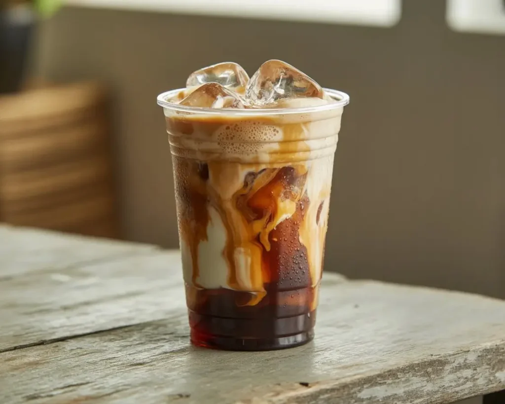 Iced brown sugar oatmilk shaken espresso with swirls of espresso, oat milk, and foam in a clear cup.