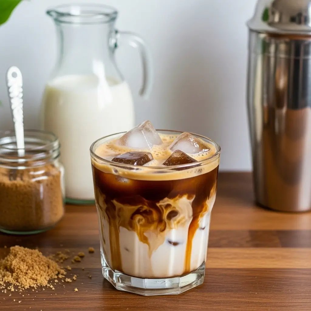 Homemade iced brown sugar oatmilk shaken espresso with visible layers, brown sugar, oat milk, and shaker on kitchen counter.