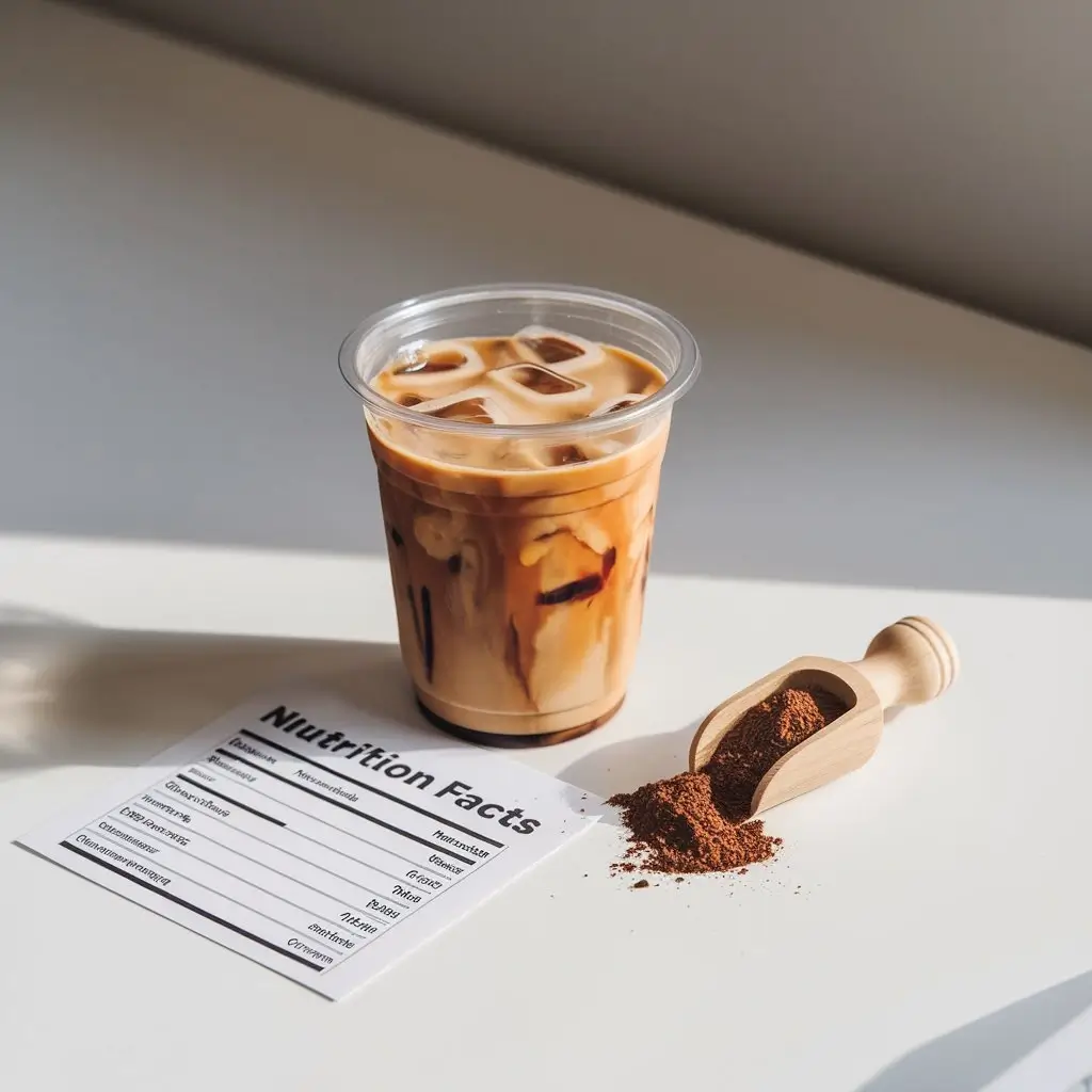 Iced coffee in a clear cup beside a nutrition facts label and coffee grounds.