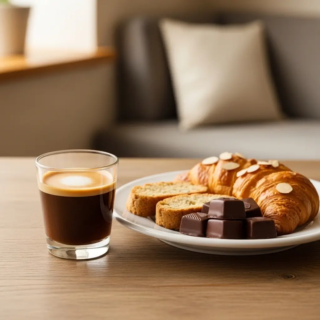 Espresso in a clear glass paired with biscotti, chocolate, and croissant pieces on a wooden table.