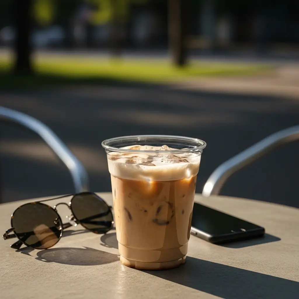 Iced espresso on an outdoor café table with sunglasses and a phone, in warm natural light.