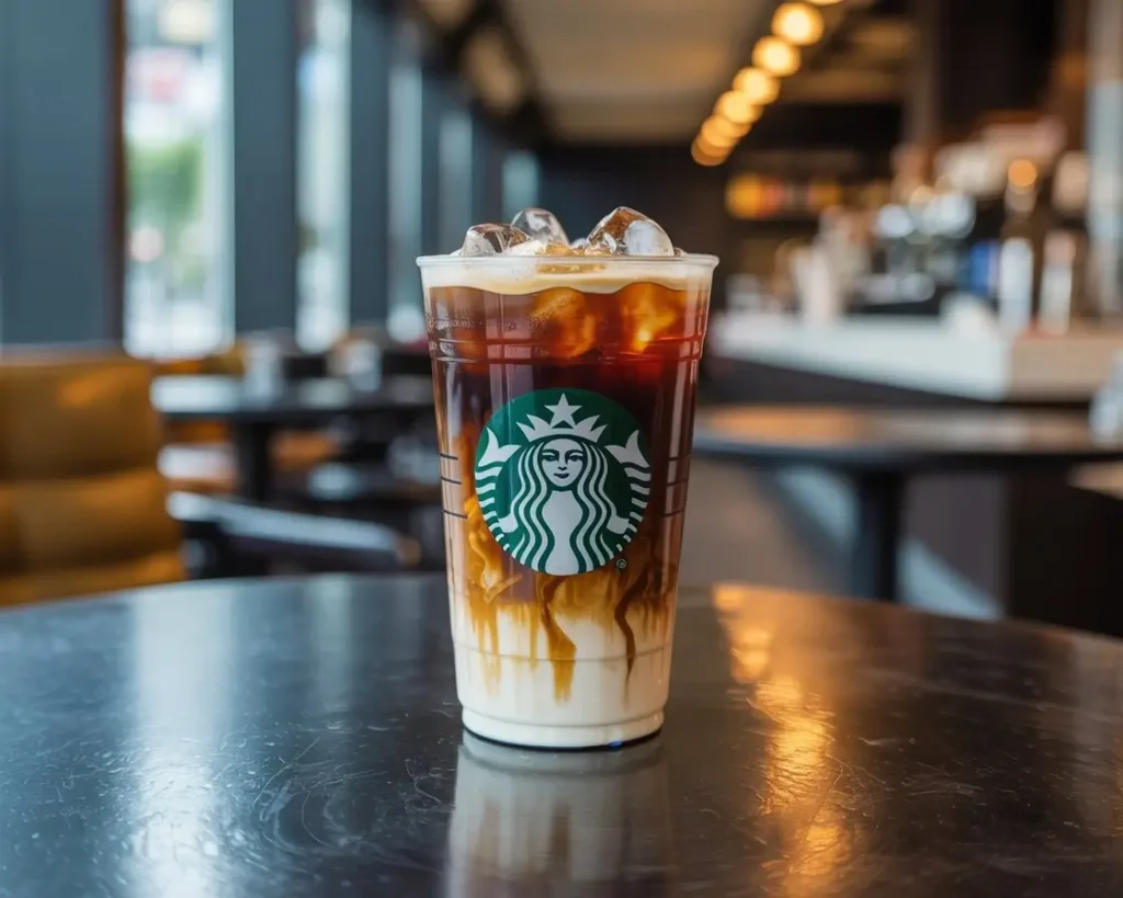 Starbucks iced shaken espresso in a clear plastic cup with layered espresso and milk, foam on top, and Starbucks logo visible.