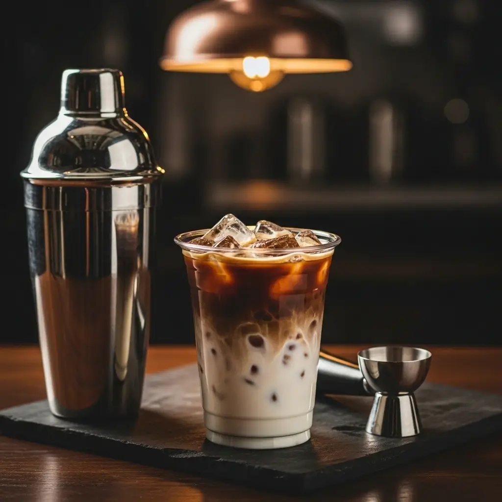 Iced shaken espresso with foam beside a cocktail shaker and espresso shot on a dark wooden counter.