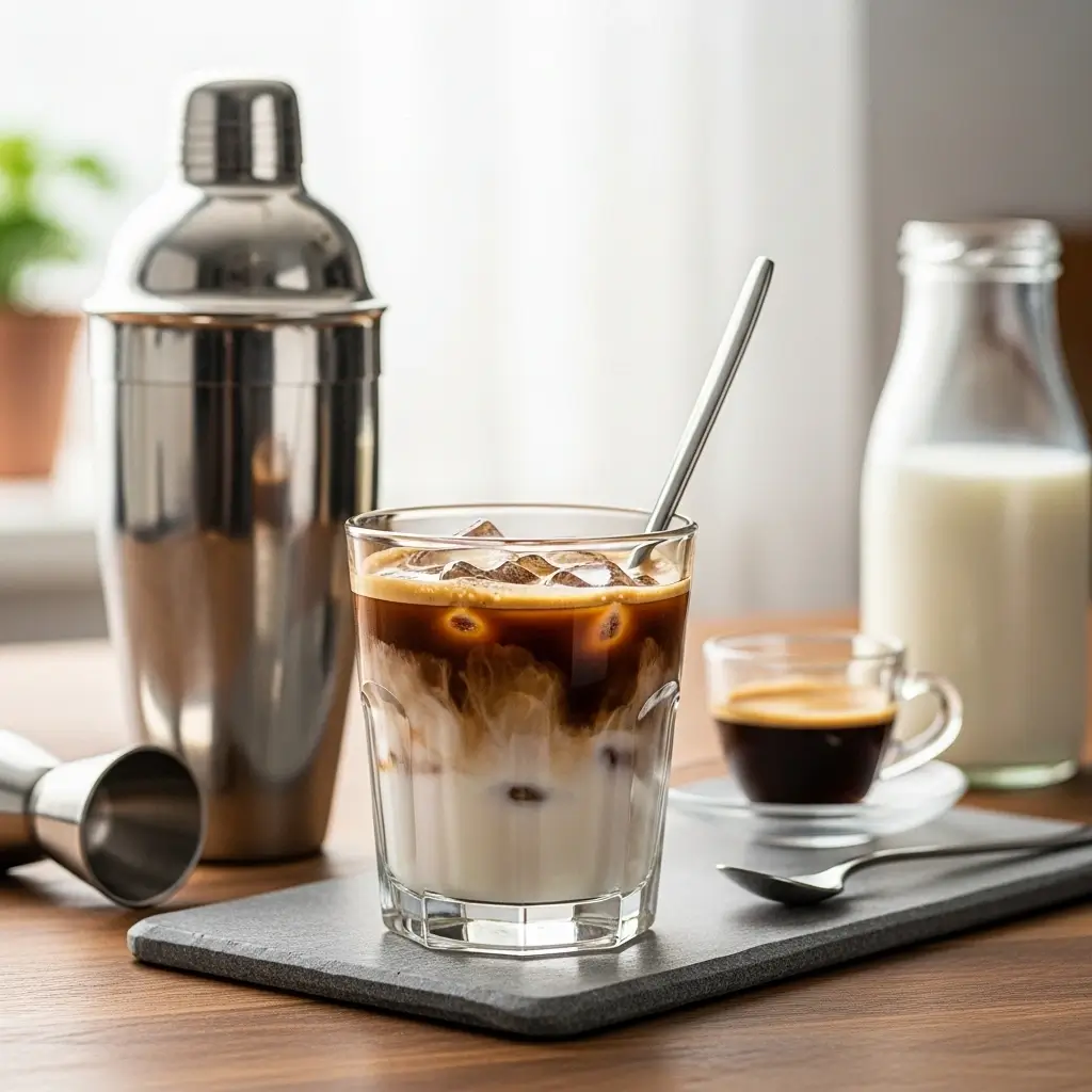 Homemade iced shaken espresso in a glass with shaker, espresso shot, and milk on a kitchen counter.