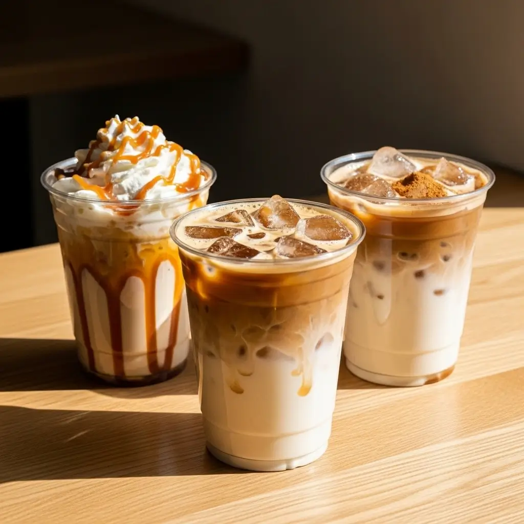 Three customized iced shaken espresso drinks with caramel drizzle, oat milk, vanilla syrup, and cinnamon.