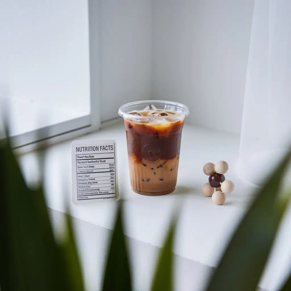 Iced coffee in a clear cup next to a nutrition facts label and a caffeine molecule model.
