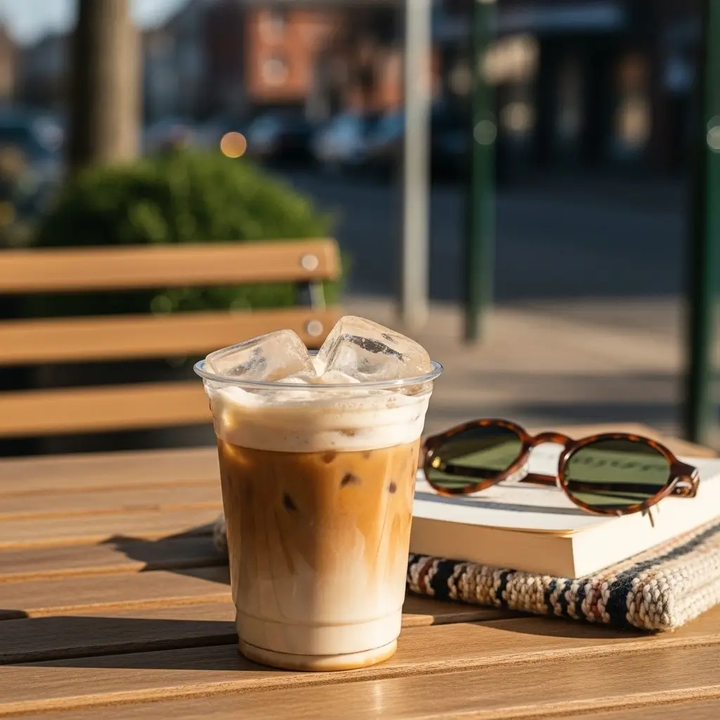 Iced coffee in a clear cup next to a nutrition facts label and a caffeine molecule model.