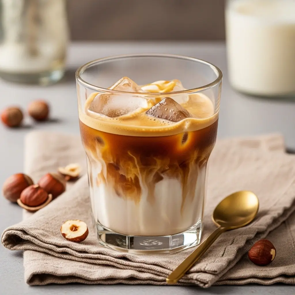 Iced hazelnut oatmilk shaken espresso in a clear glass with foam, syrup, and hazelnuts beside it.