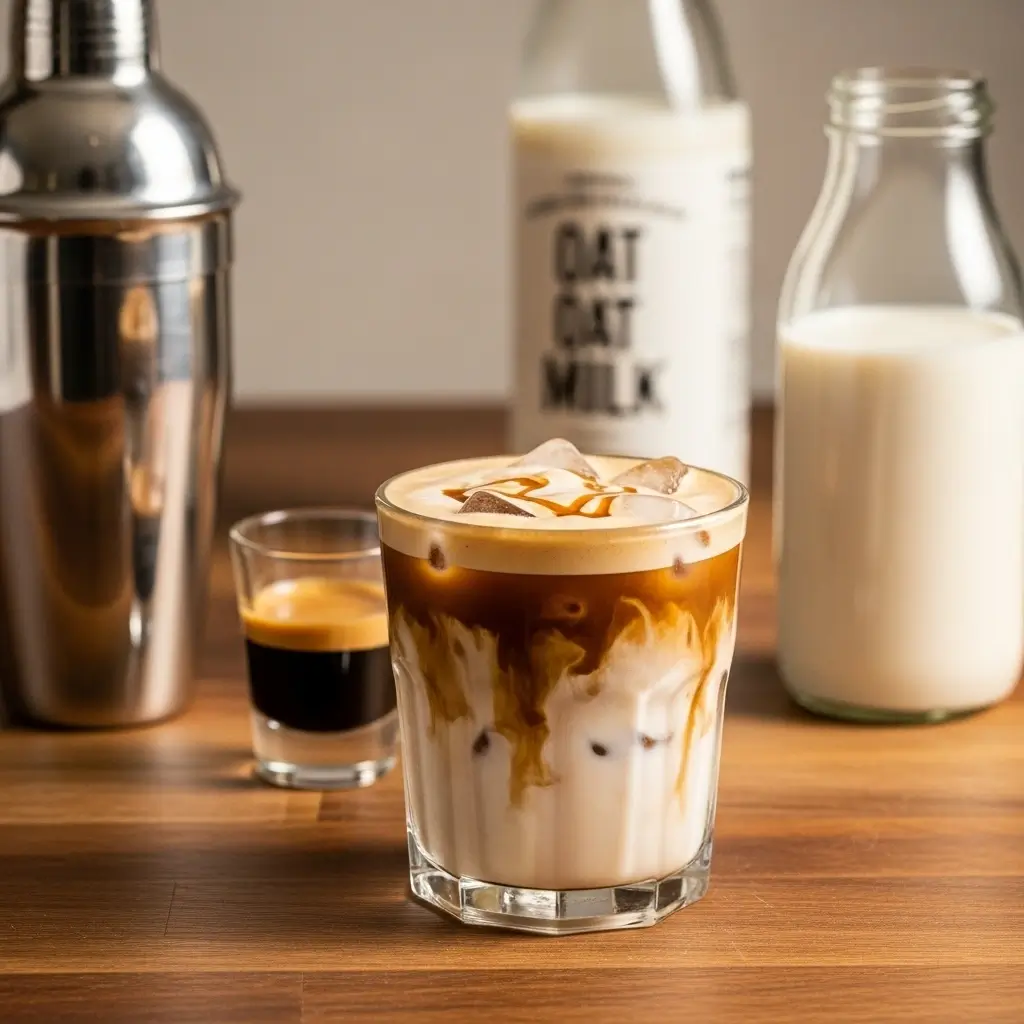 Homemade iced hazelnut oatmilk shaken espresso with foam and syrup, beside espresso, oat milk, and shaker.