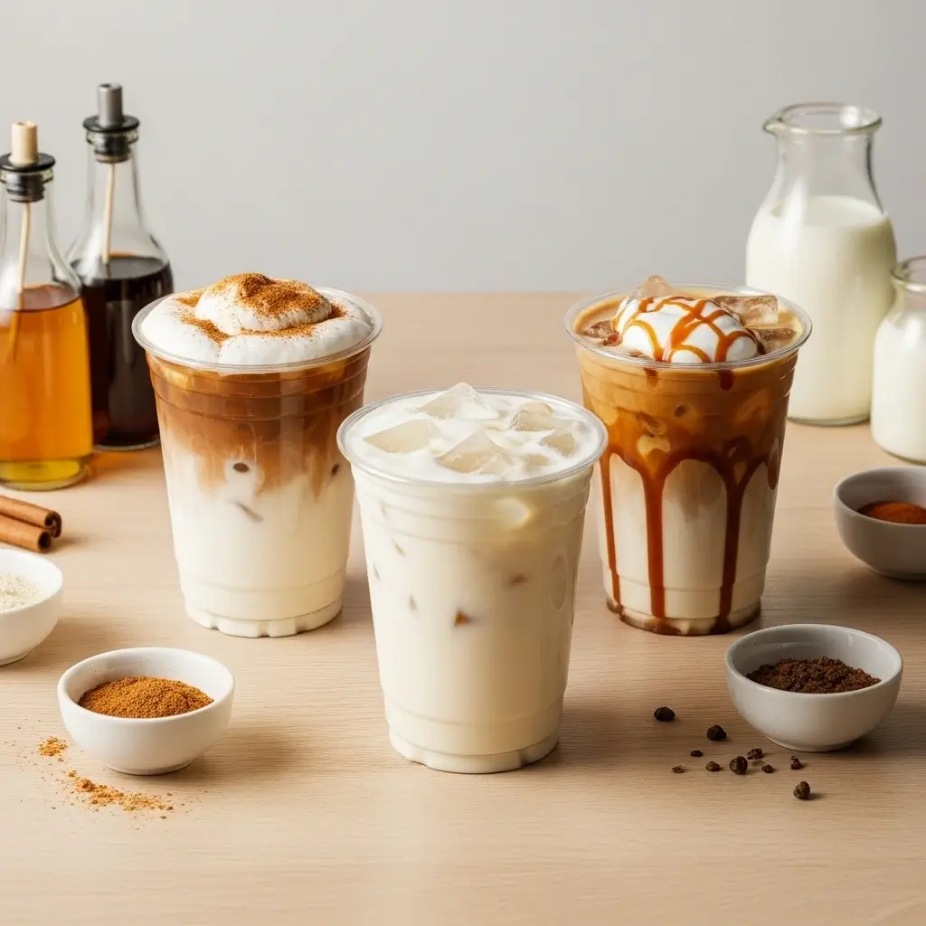 Three iced shaken espresso drinks with different milk types, toppings, and syrup customizations.