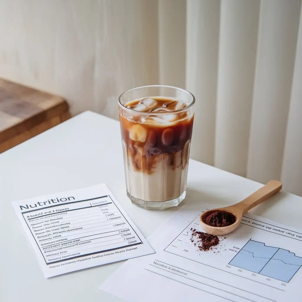 Iced coffee in a clear glass next to a nutrition label, caffeine chart, and coffee grounds.