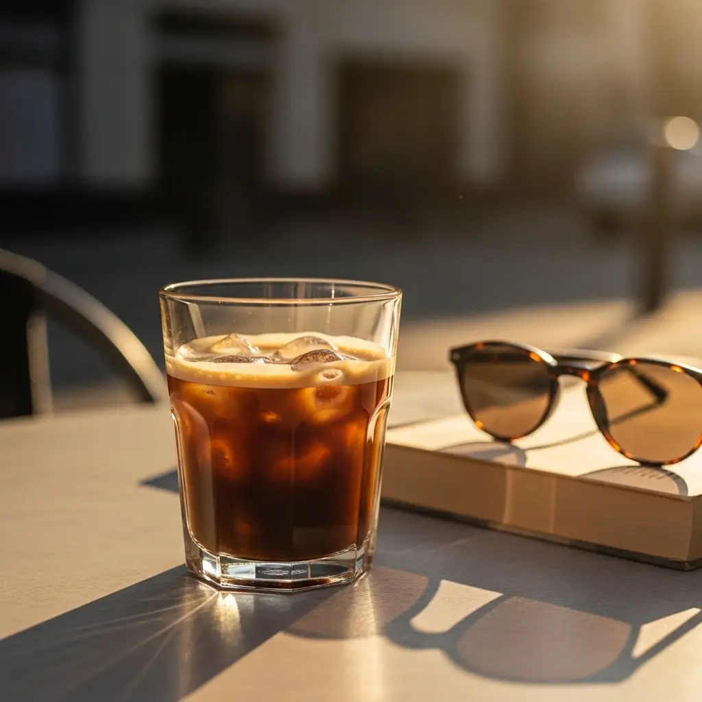 Iced espresso on a sunlit café table with a book and sunglasses in warm afternoon light.