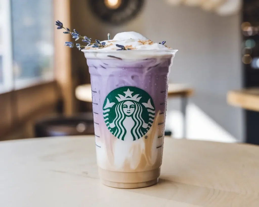 Starbucks iced lavender oatmilk latte in a clear cup with foam, lavender sprigs, and visible Starbucks logo.