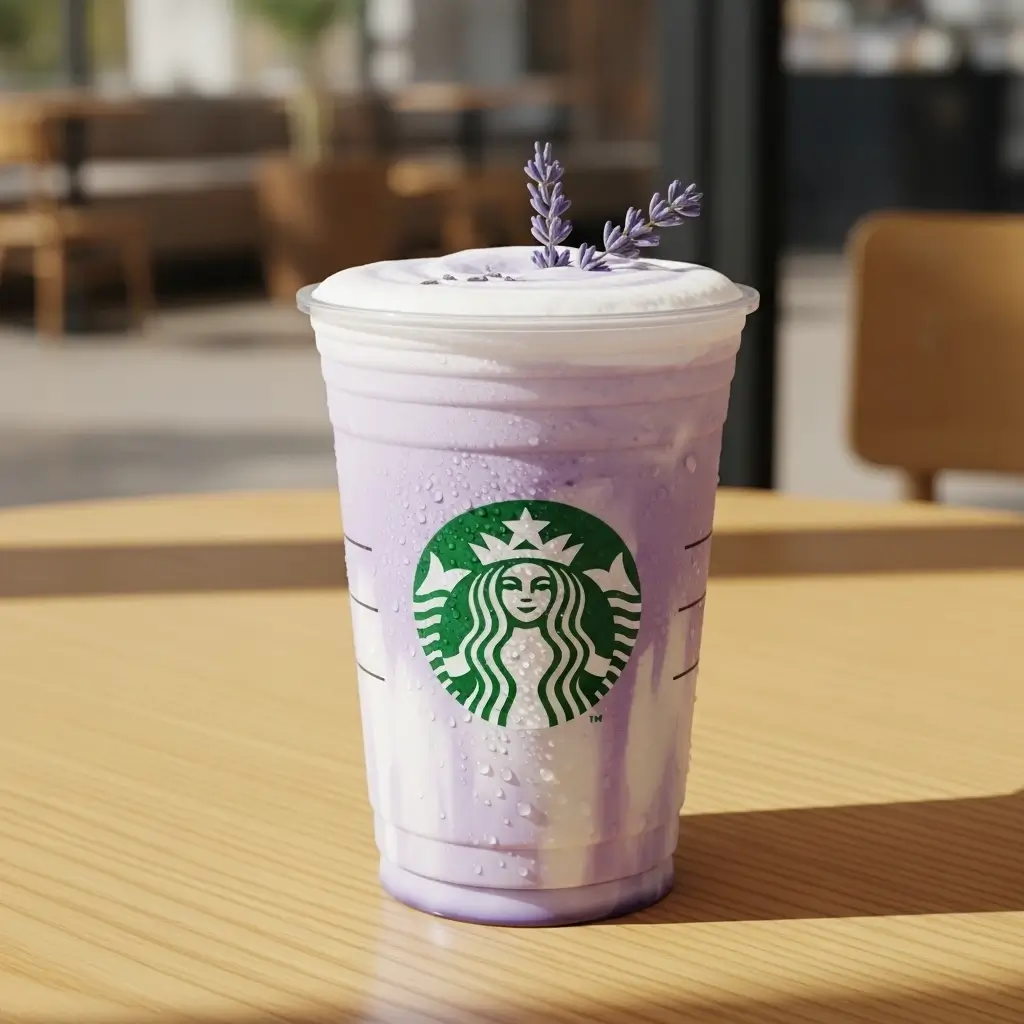Starbucks iced lavender oatmilk latte with foam, lavender garnish, and visible Starbucks logo on a wooden table.