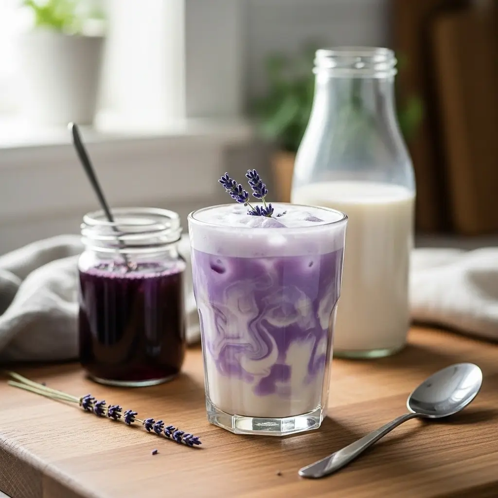 Homemade iced lavender oatmilk latte in a glass with foam and lavender sprigs on a kitchen counter.