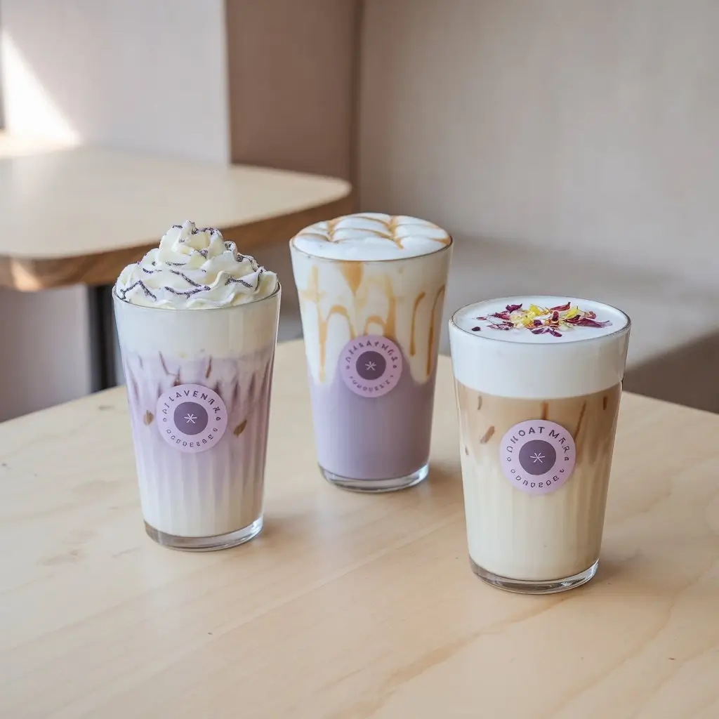 Three customized iced lavender oatmilk lattes with whipped cream, vanilla drizzle, and edible flowers.