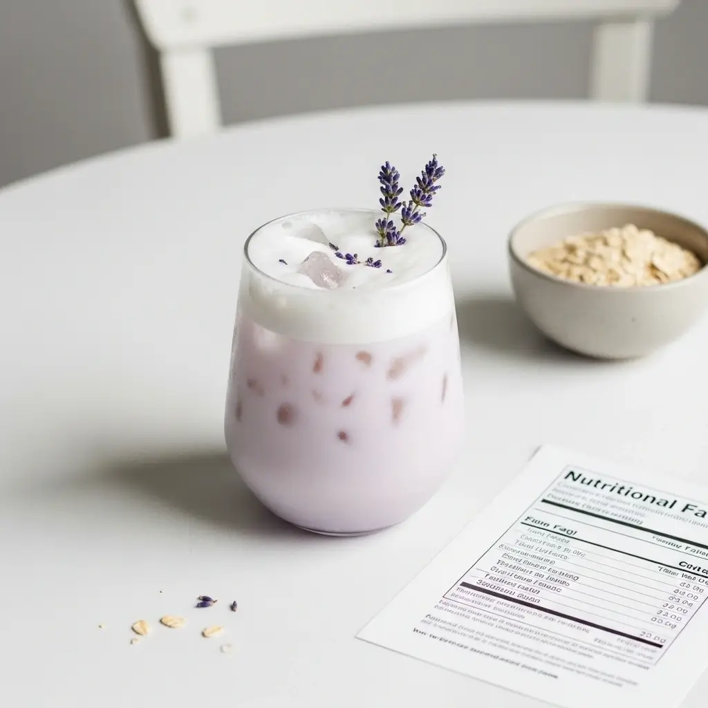 Iced lavender oatmilk latte with foam and lavender sprigs beside a nutritional facts sheet and oats bowl.