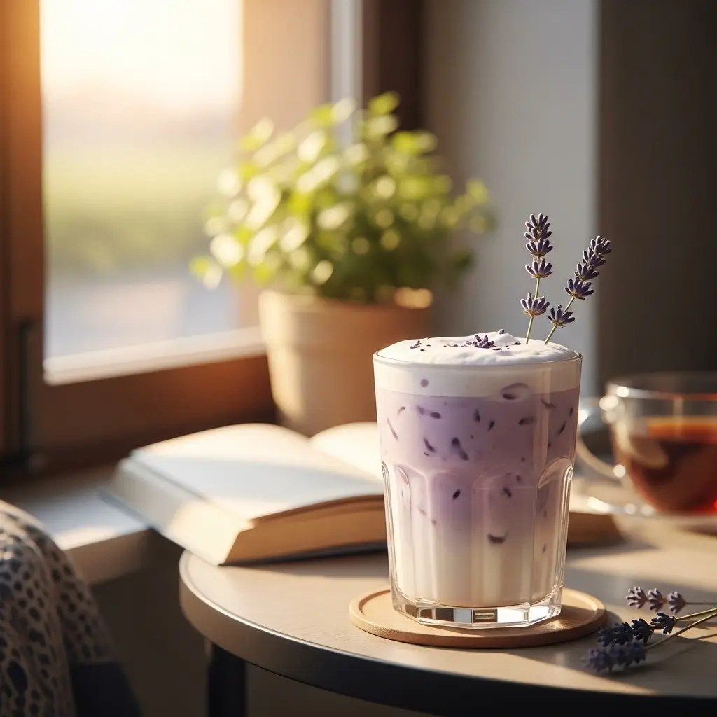 Iced lavender oatmilk latte on a café table with foam and lavender sprigs, warm morning light, and a blurred book in the background.