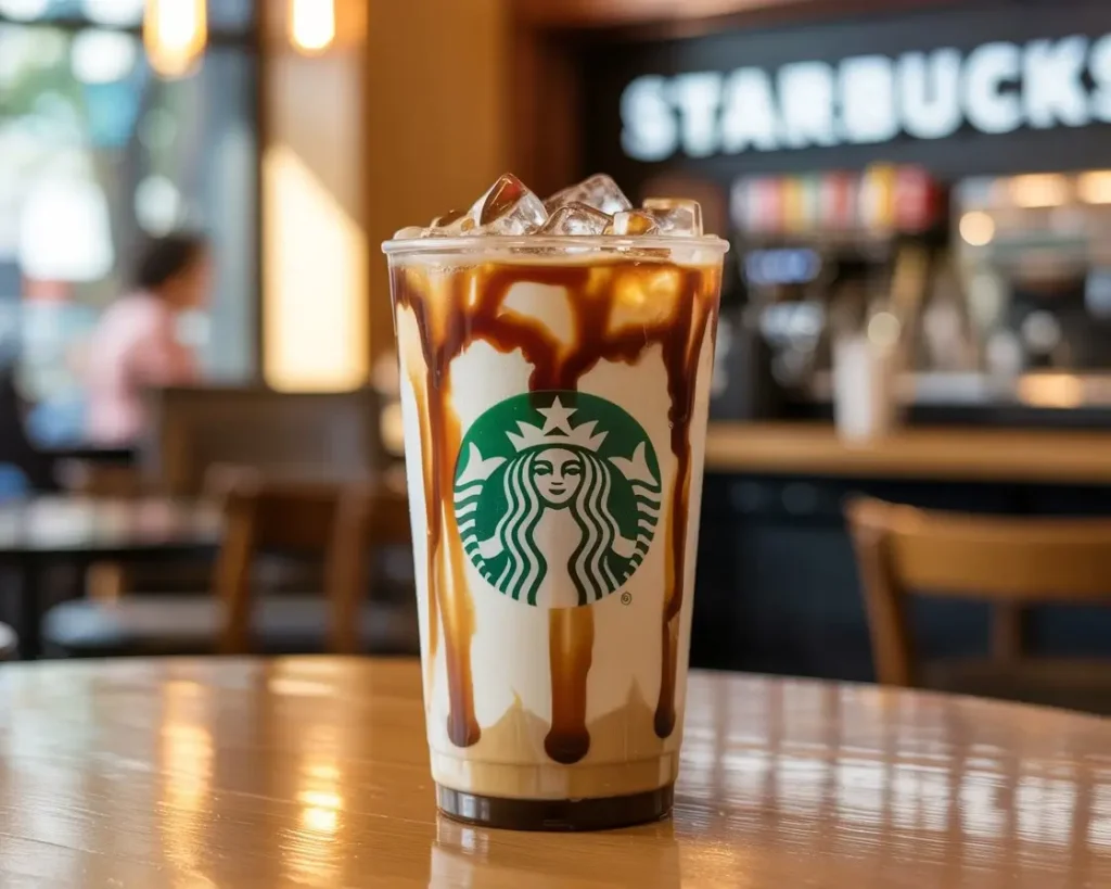 Starbucks iced caramel macchiato with visible layers, caramel drizzle, foam, and logo on a café table.