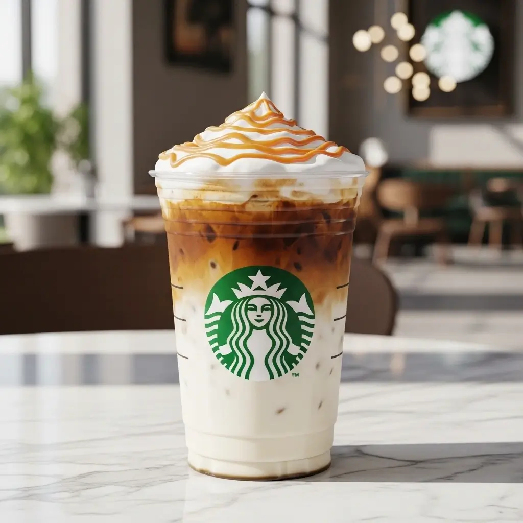 Starbucks iced caramel macchiato with bold espresso, vanilla milk, caramel drizzle, and logo on a marble table.