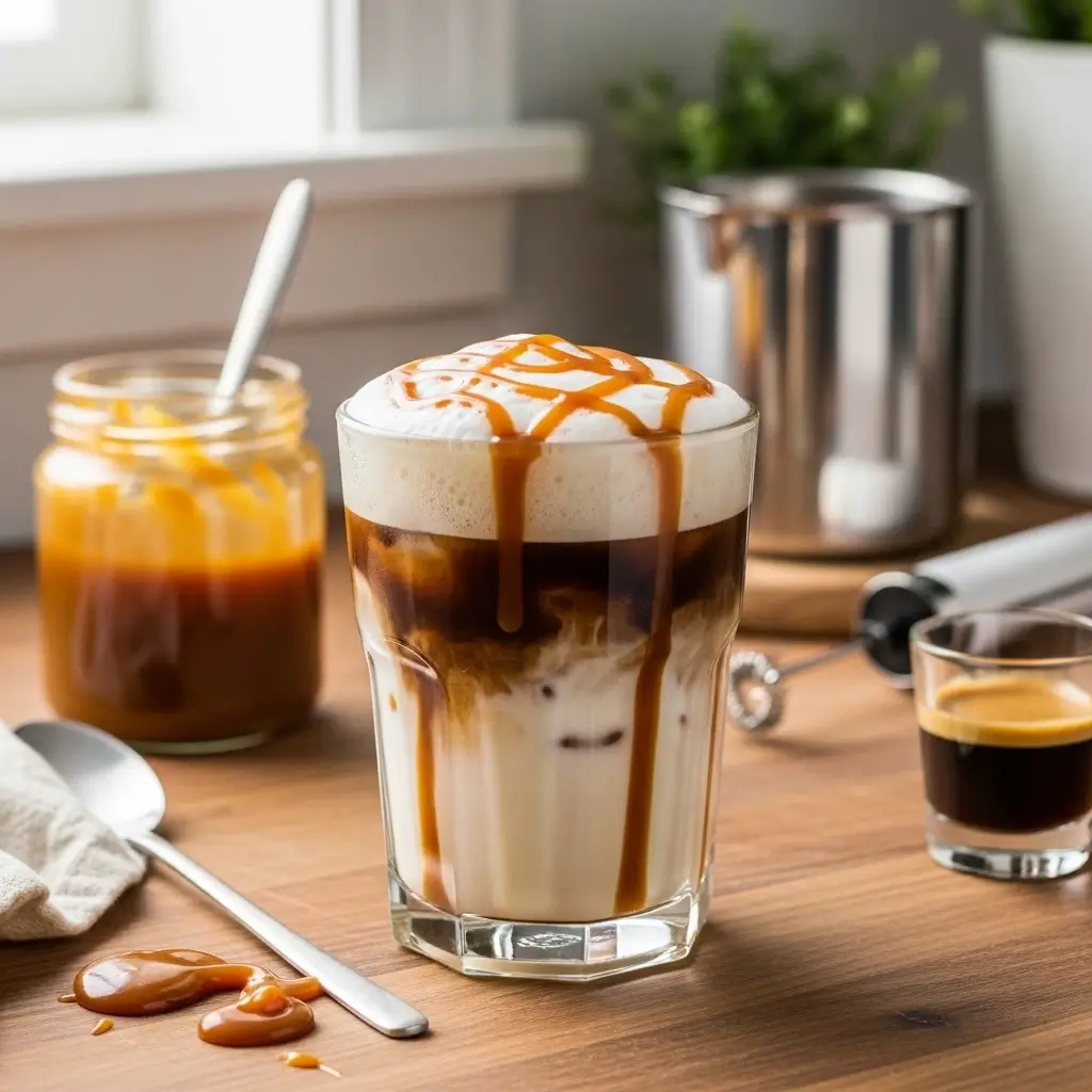 Homemade iced caramel macchiato in a glass with layered milk and espresso, topped with caramel drizzle.
