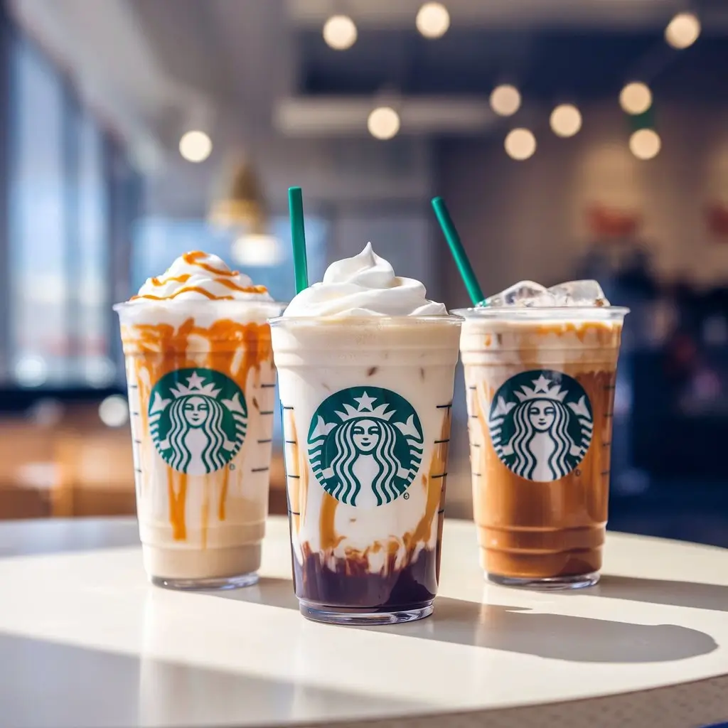 Three Starbucks iced caramel macchiatos with different customizations like whipped cream, oat milk, and extra espresso.
