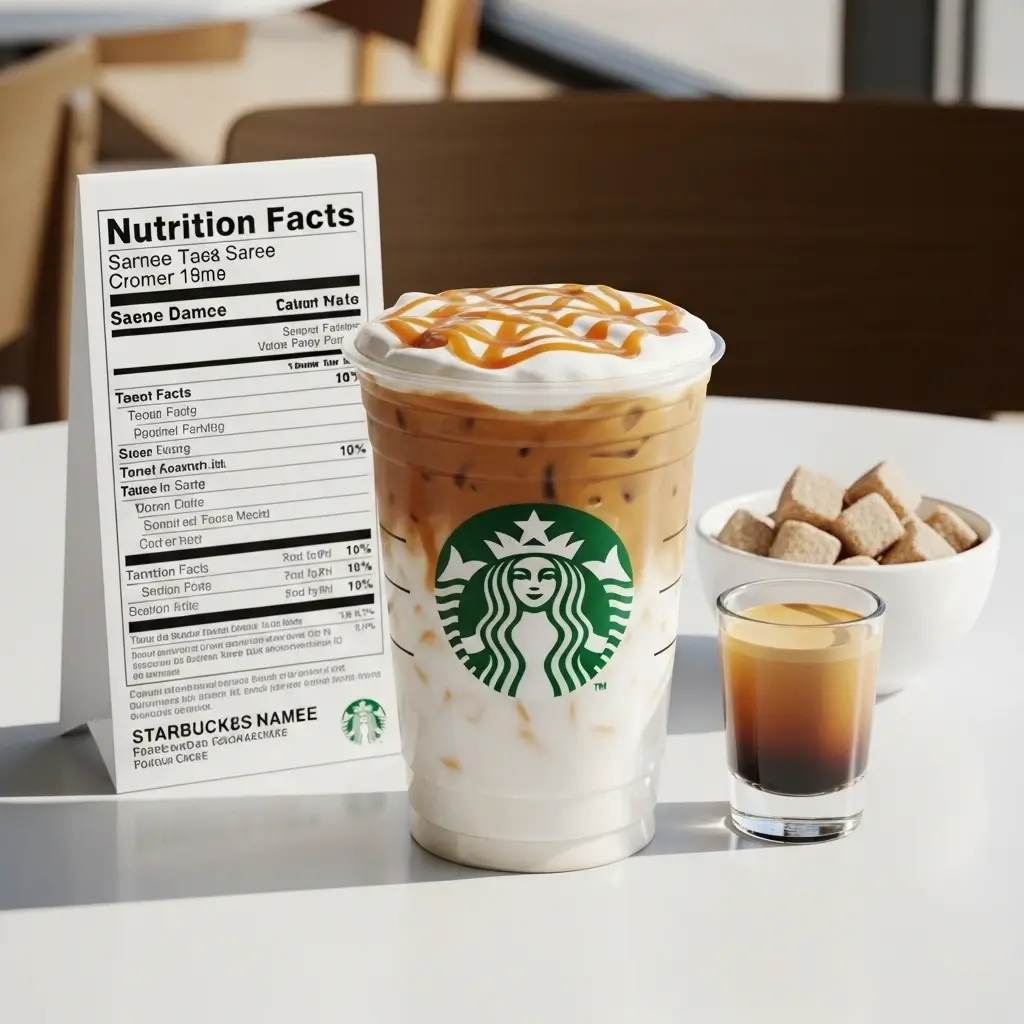 Starbucks iced caramel macchiato beside a nutrition facts label, sugar cubes, and espresso on a clean table.