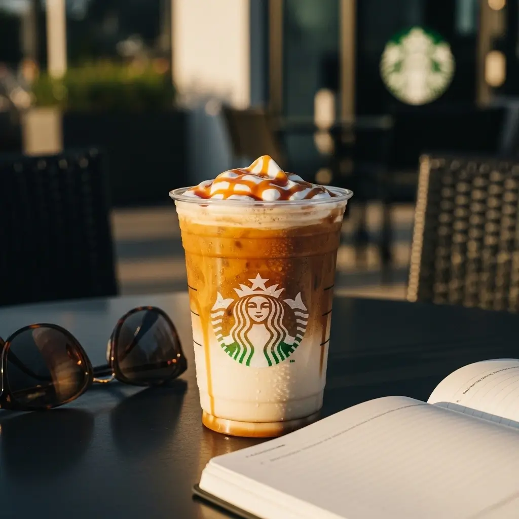 Starbucks iced caramel macchiato on an outdoor café table at golden hour with sunglasses and a notebook.
