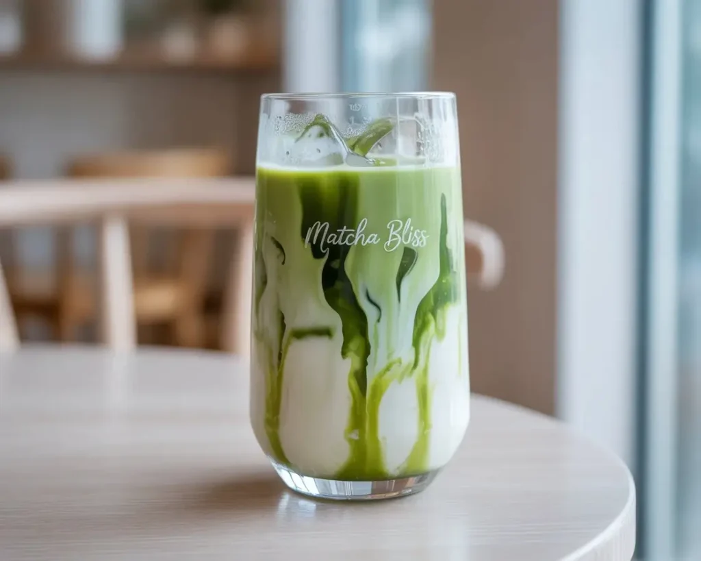 Iced matcha latte in a tall clear glass with green matcha layered over milk and ice, on a wooden table
