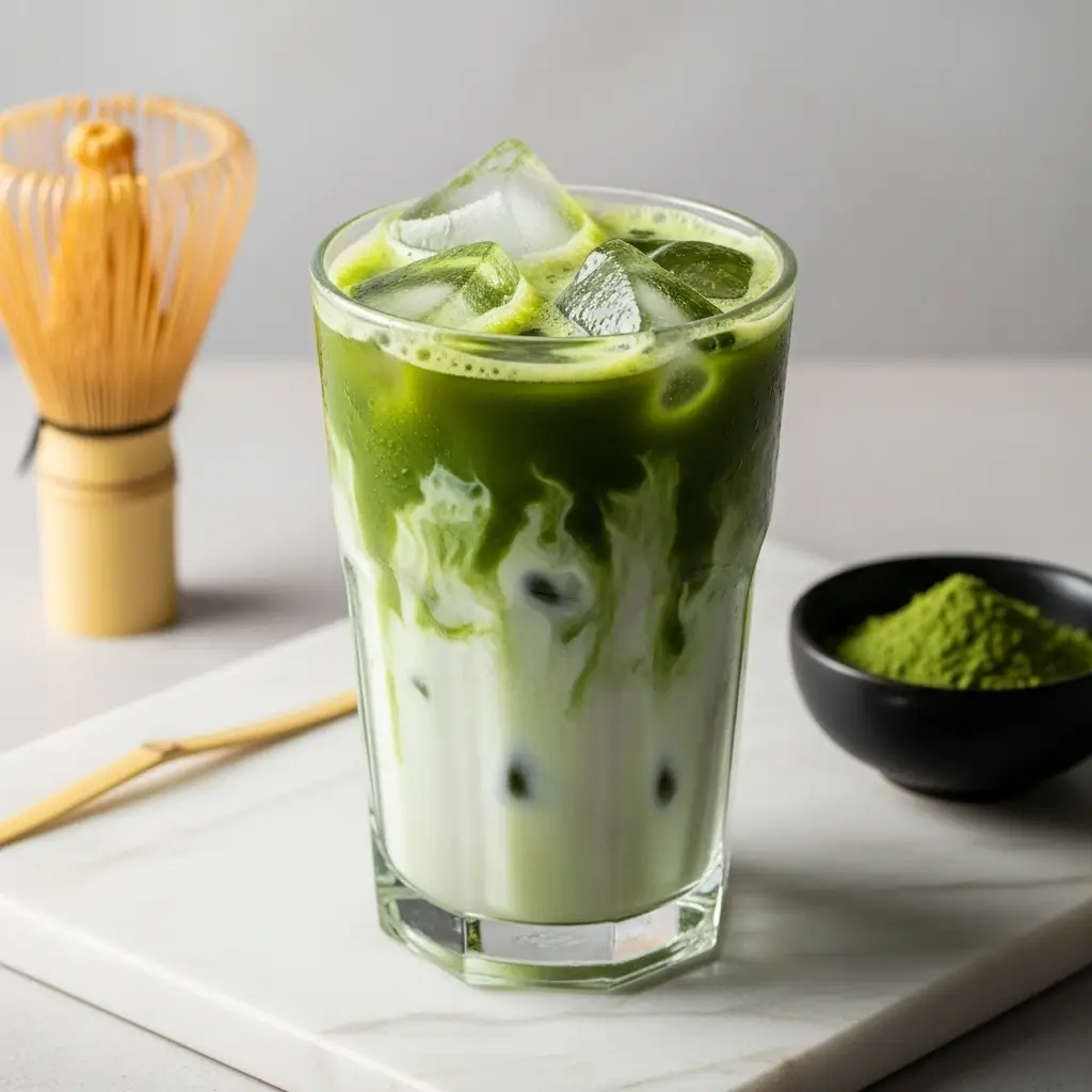 Iced matcha latte in a clear glass with green matcha and milk swirls, beside matcha powder and a whisk.