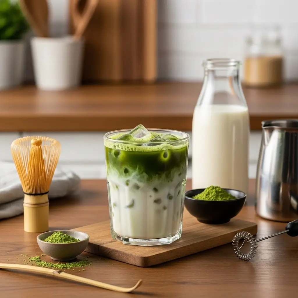 Homemade iced matcha latte with green and milk layers beside matcha whisk, powder, and milk bottle on a kitchen counter.